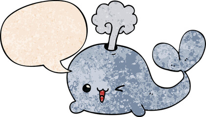 cartoon whale and speech bubble in retro texture style