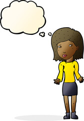 cartoon woman shrugging shoulders with thought bubble