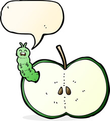 cartoon bug eating apple with speech bubble
