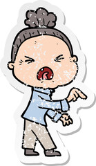 distressed sticker of a cartoon angry old woman