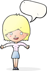 cartoon excited woman with speech bubble