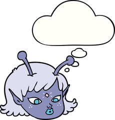 cartoon alien space girl face and thought bubble