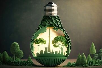 Paper cut of light bulb with green eco city. Generative AI