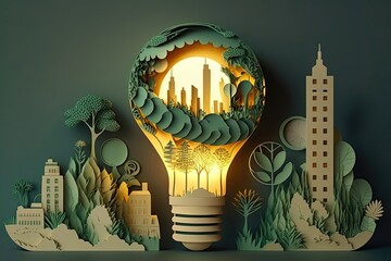 Fototapeta na wymiar Paper cut of light bulb with green eco city. Generative AI