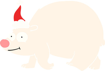 flat color illustration of a walking polar bear wearing santa hat