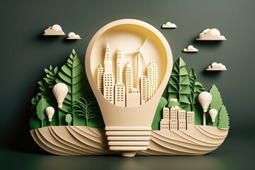 Paper cut of light bulb with green eco city. Generative AI