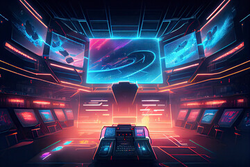 Neon lit e sports arena in the middle of the stadium with a large joystick