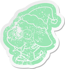 happy cartoon distressed sticker of a elephant wearing santa hat