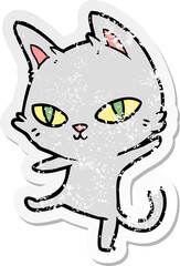 distressed sticker of a cartoon cat staring