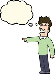 cartoon man accusing with thought bubble