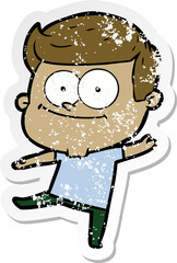distressed sticker of a cartoon happy man