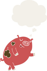 cartoon dancing pig and thought bubble in retro style