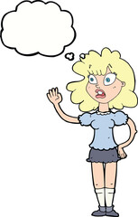 cartoon worried woman waving with thought bubble