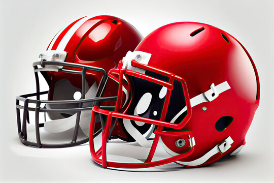 Red American Football Helmets On White Background