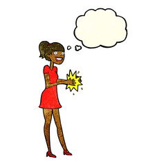 cartoon woman clapping hands with thought bubble