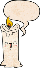 cartoon happy candle and speech bubble in retro texture style