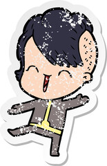 distressed sticker of a cartoon happy hipster girl wearing space suit