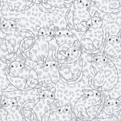 Seamless pattern with cartoon funny cats and  fur texture. Hand-drawn vector illustration on white. Animal art background. Perfect for design templates, wallpaper, wrapping, fabric and textile.