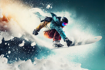 Naklejka premium Winter Extreme athlete Sports ski jump on mountain