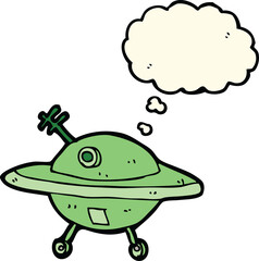 cartoon flying saucer with thought bubble