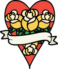 traditional tattoo of a heart and banner with flowers