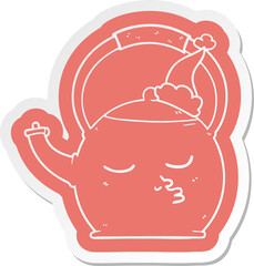 cartoon  sticker of a kettle wearing santa hat