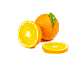On a white background there is a whole orange, half an orange and a cut slice