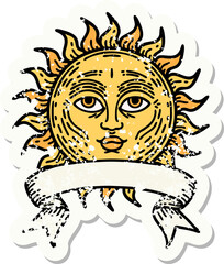 grunge sticker with banner of a sun with face