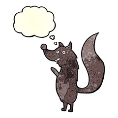 cartoon waving wolf with thought bubble