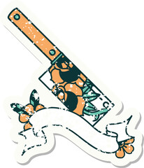 grunge sticker with banner of a cleaver and flowers