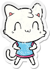 distressed sticker of a cartoon happy cat