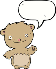 cartoon waving teddy bear with speech bubble