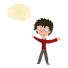 cartoon excited woman with thought bubble