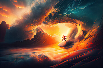 Surfer rides the ocean wave during sunset. Extreme sport and active lifestyle concept