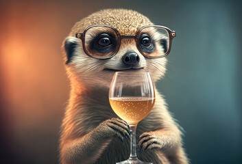A Portrait of a cute meerkat in glasses holding a glass of champagne. Created with Generative AI.
