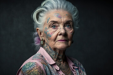 chic portrait of heartcore old tattooed lady in pastel colours on dark background,generative ai.