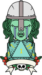 crying orc fighter character with natural one D20 roll illustration