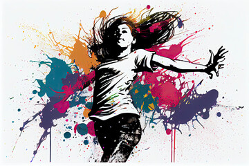 Obraz na płótnie Canvas The dancing girl with colorful spots and splashes on a light bac
