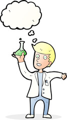cartoon happy scientist with thought bubble