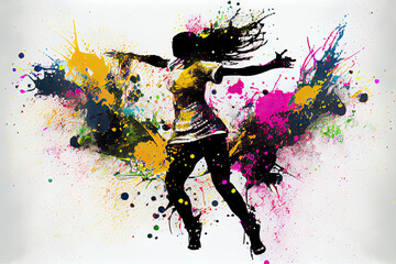 Fototapeta na wymiar The dancing girl with colorful spots and splashes on a light bac