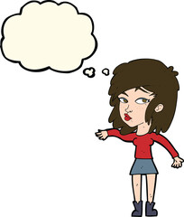 cartoon woman playing it cool with thought bubble