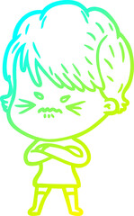 cold gradient line drawing cartoon frustrated woman