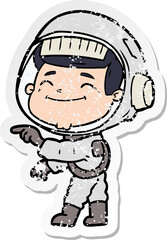 distressed sticker of a happy cartoon astronaut