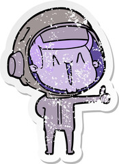 distressed sticker of a happy cartoon astronaut