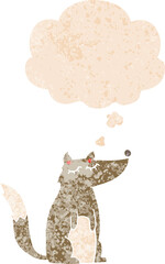 cartoon wolf and thought bubble in retro textured style