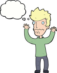 cartoon frightened man with thought bubble
