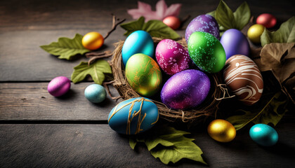 Fototapeta na wymiar Colorful easter eggs in basket on wooden table. Generative AI
