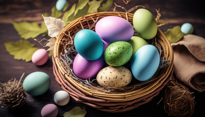 Colorful easter eggs in basket on wooden table. Generative AI