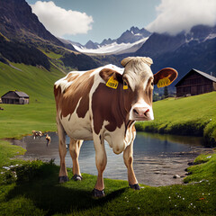 Fototapeta na wymiar AI-generated illustration of a cow in an alpine landscape