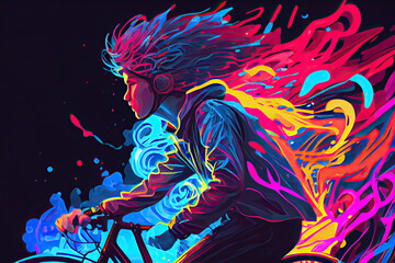 Obraz premium young man riding a bicycle with a colorful energy, digital art style